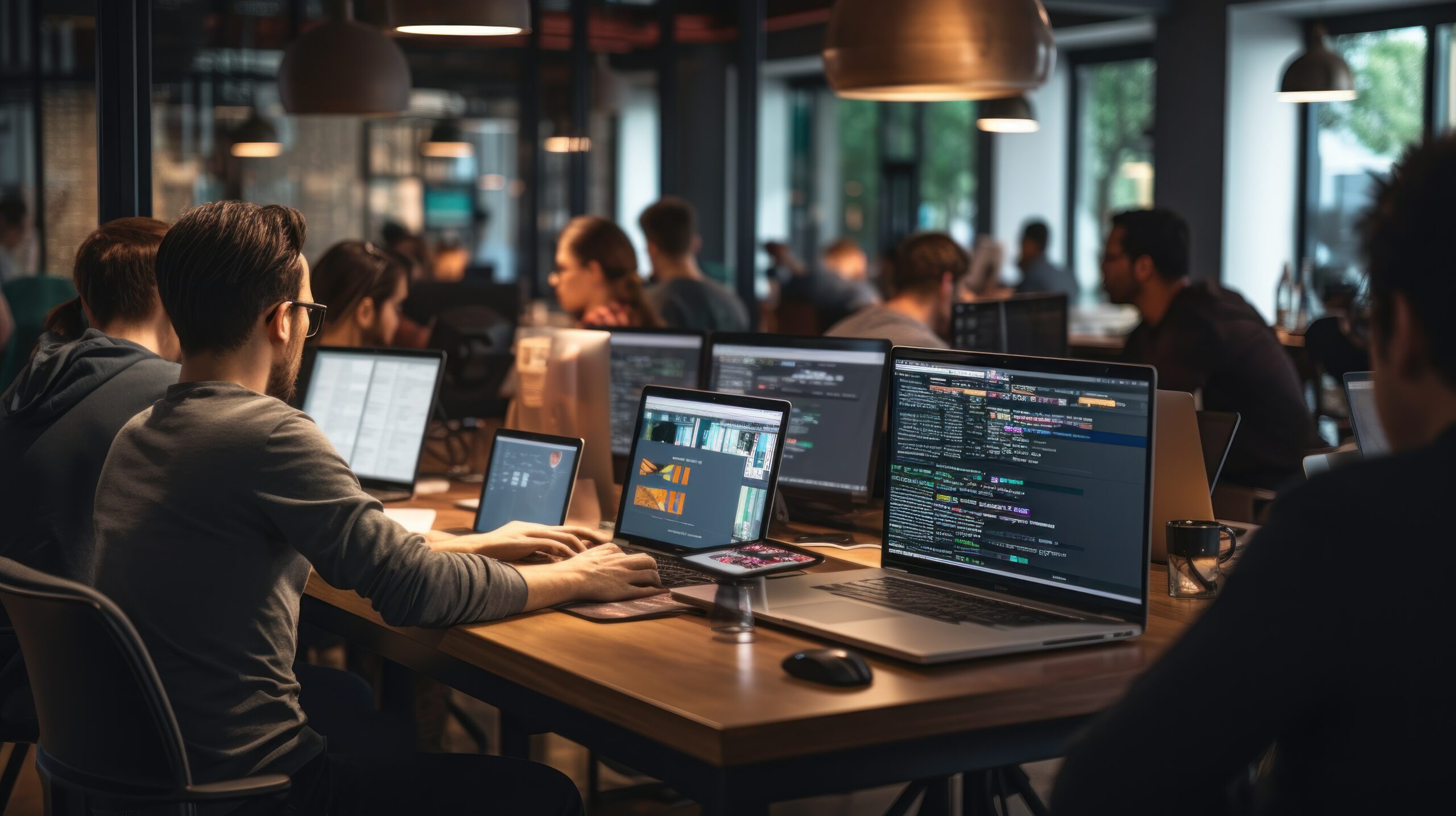 A scene showcasing a team of software developers coding, collaborating, and testing applications in a modern development environment
